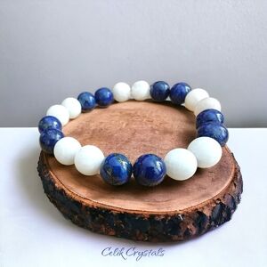 Lapis Lazuli & Moonstone Authentic Stone Bracelet 10mm Stretches Unisex